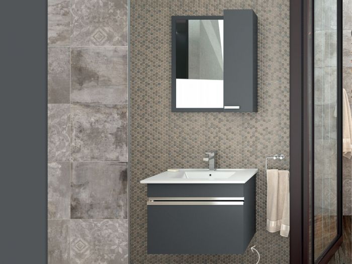 Cubo Satin Black Cabinet, Basin, Framed Mirror & Side Cabinet - 450 x 595 x 460mm