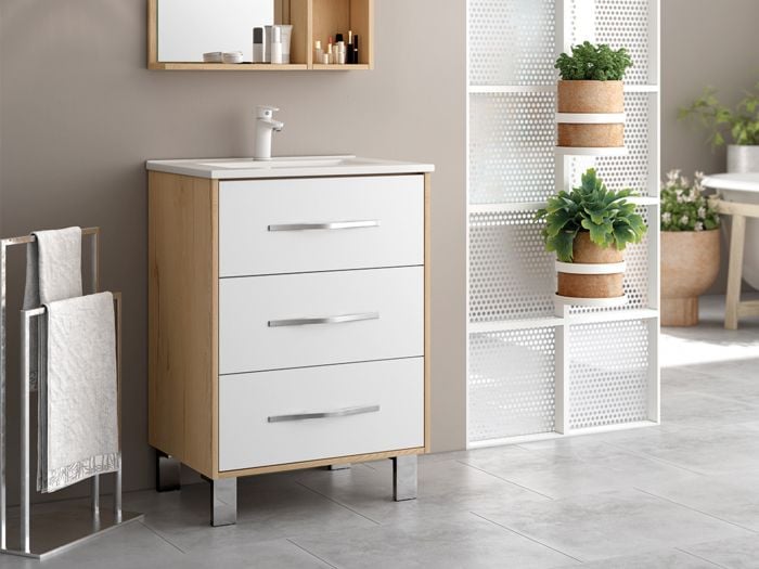 Lily White Oak Floor Standing Cabinet, Mirror Cabinet & White Basin - 600mm